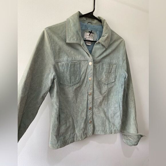 Authentic vintage genuine suede leather light blue green teal jacket coat - Picture 1 of 10
